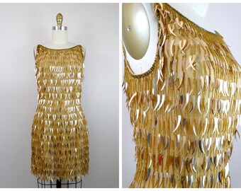 Flashy Fringe Mini Dress / Gold Cocktail Mini Dress / Tassel Beaded Wiggle Dress / Cattail Sequin Mini