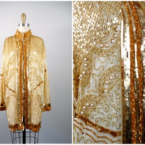 Vintage Boho Sequined Duster / Gold Sequin Long Jacket / Art Deco Pearl Beaded Open Kaftan Coat