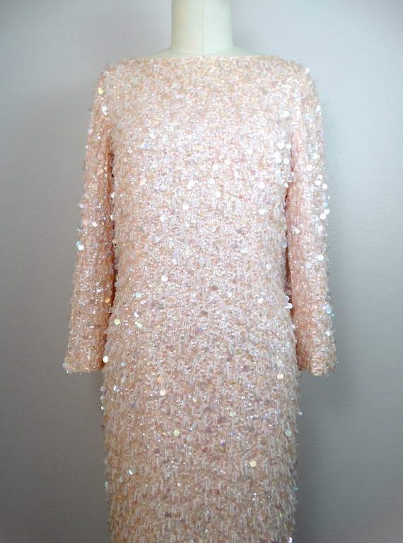 50s Fringe Paillette Sequined Dress / Blush Pink … - image 4