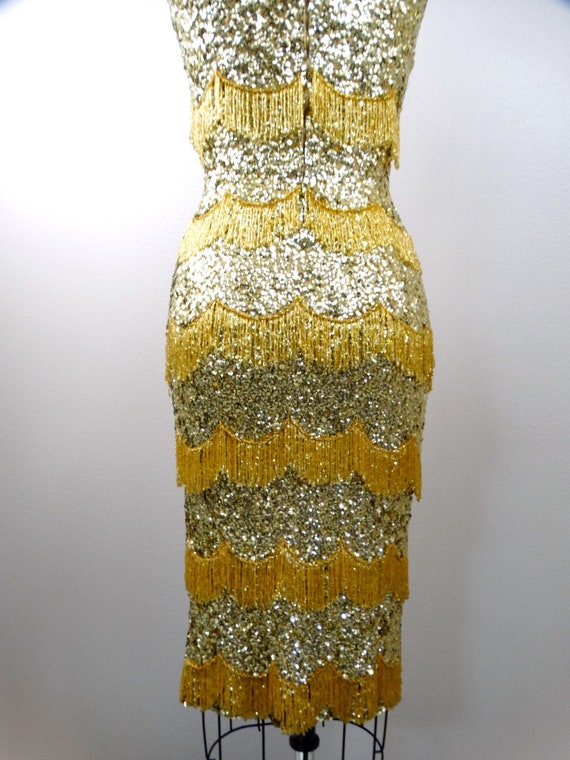 50s Bombshell Sequined Fringe Beaded Dress / 1950… - image 9