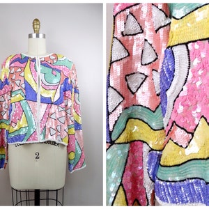 S/M Pastel Sequined Cardigan / AMAZING Iridescent Sequin Blazer / Silk Beaded Sequin Trophy Jacket