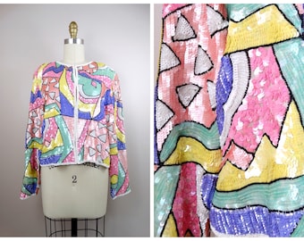 S/M Pastel Sequined Cardigan / AMAZING Iridescent Sequin Blazer / Silk Beaded Sequin Trophy Jacket