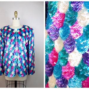Mermaid Scales Sequin Jacket / Bright White Pink Blue and Purple Deco Beaded Cardigan Top Extra Large XL