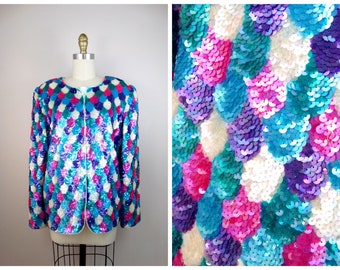 L/XL Mermaid Sequined Jacket / Bright White Pink Blue and Purple Deco Sequin Cardigan Top Large Extra Large XL