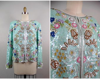 Pastel Sequin Bolero / Mint Green Sequined Pearl Beaded Jacket