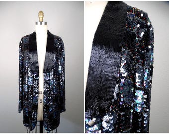 Vintage Beaded Checkered Blazer / Jet Black Sequin Jacket Large