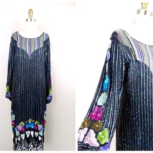 Art Deco Sequin Beaded Gatsby Dress // Colorful Floral Embellished Dress // Vintage Sequined Flapper