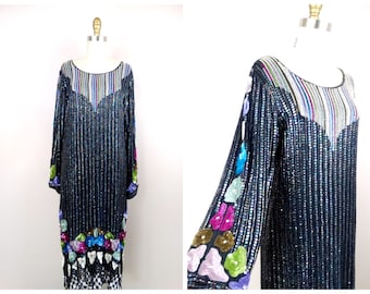 Art Deco Sequin Beaded Gatsby Dress // Colorful Embellished Dress // Vintage Sequined Flapper