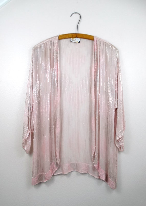 L/XL Sheer Beaded Blush Pink Silk Shrug // Pastel… - image 2