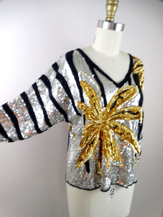 M/L Vintage Sequin Top / St. Martin Mirror Silver… - image 3