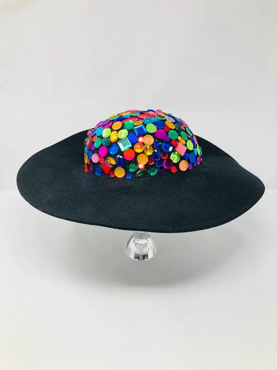 90s Vintage Jewel Beaded Cartwheel Hat / Bejewele… - image 2