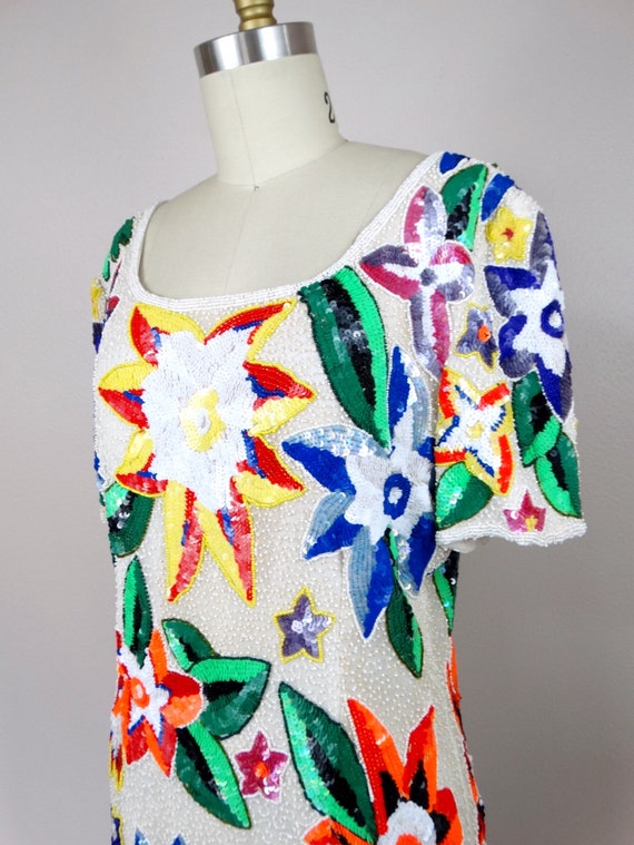 90s Neon Sequin Floral Dress // Bright Vintage Be… - image 5