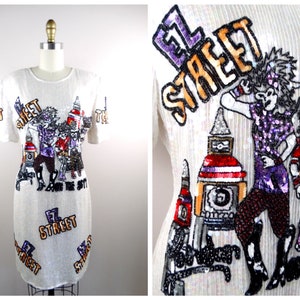 EZ Street Sequined Dress // Pop Art Novelty Sequin Dress // Rare Funky Vintage Garage Band Silk Beaded Dress