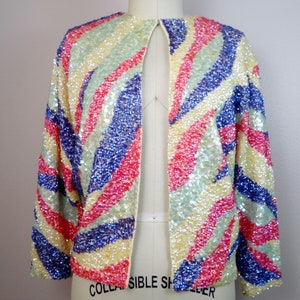 50s Sequin Embellished Cardigan / 1950s 1960s Iridescent Pink Purple and Yellow Pastel Sequined Vintage Sweater Jacket Shrug image 4