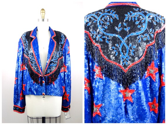 L/XL Western Sequined Beaded Fringe Jacket // Retr