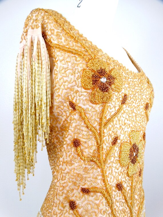 HEAVY Fringe Beaded Mini Dress // Glam Gold Haute… - image 5