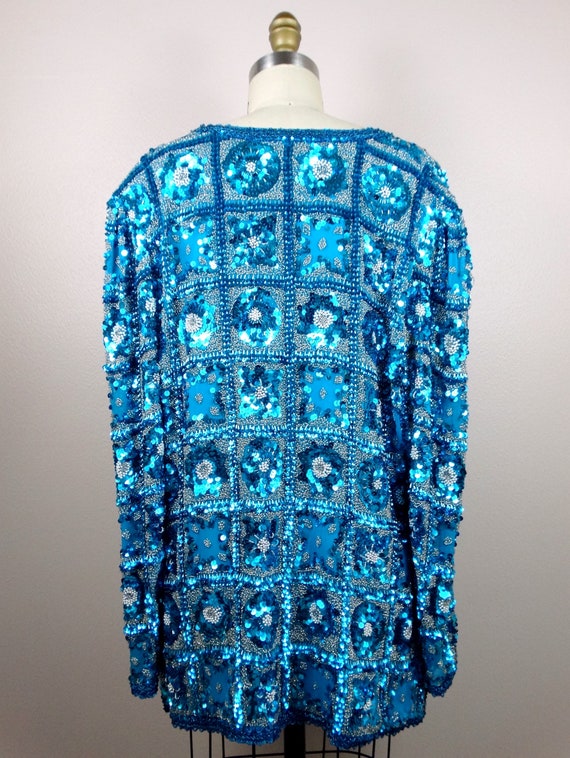 L/XL Fully Sequined Hand Beaded Jacket // Bright … - image 4