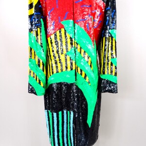 EXOTIC Abstract Sequined Dress / Bright Neon Palm Leaves Novelty Dress / Retro Sequin Scene Novelty Dress image 9