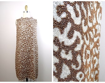 HEAVY Fully Beaded Dress / Wild Animal Print Brown Embellished Dress