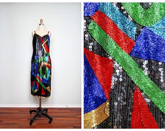 Geometric Glass Beaded Dress // Multicolor Art Deco Sequin Dress // Hand Embellished Midi Gown