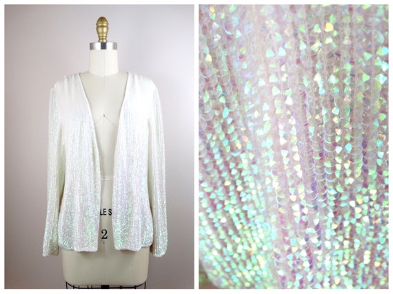 DAZZLING Iridescent Sequin Cardigan Top // White … - image 8