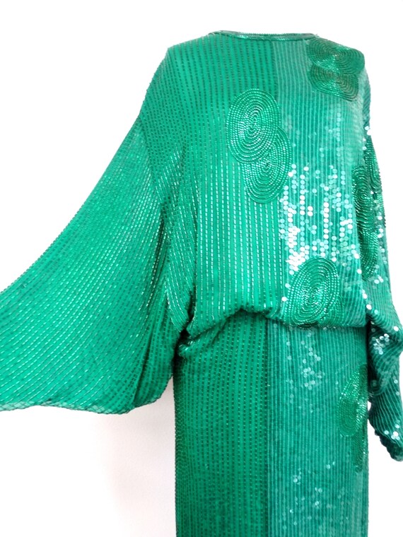 Emerald Green Sequin Gown, Heavily Beaded Silk Formal - Gem