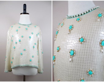 RARE Sequin Girls Vintage Gemstone Top / White Sequined Turquoise Jewels Pearl Beaded Young Girl's Silk Blouse