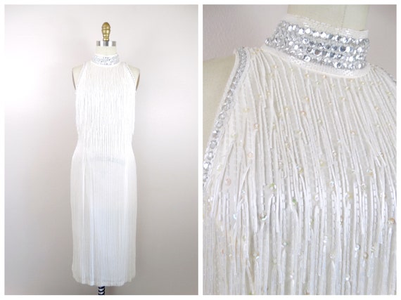 Fringed Beading Dress / White Fringe Beaded Dress… - image 1