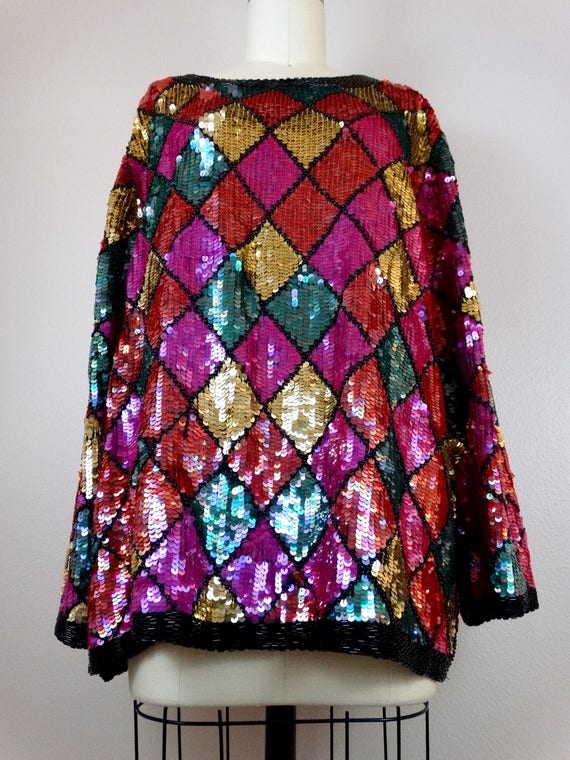 Plus Size Argyle Sequin Top // Bright Pink Red Gr… - image 2