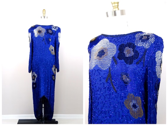 Royal Blue Beaded Gown // Open Back Silk Embellis… - image 6