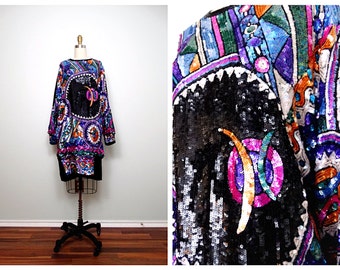 L/XL Funky Sequined Geometric Dress // Oversized Dolman Sleeve Glam Dress // Retro Sequin Dress by Judith Ann Creations