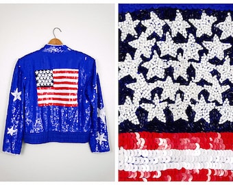 Vintage Fully Sequined Bomber Jacket // 80&#39;s Red White & Blue USA Jacket // Retro Flag and Stars Beaded Jacket