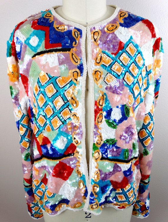 Colorful Couture Sequined Cardigan // Retro Sequi… - image 2