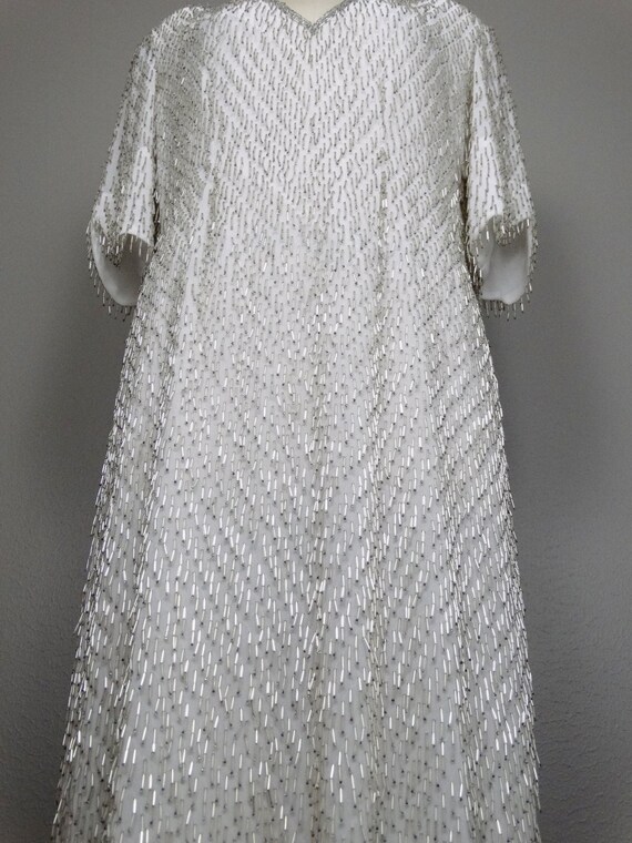 M/L Silver Beaded Fringe Dress / White GLAM Fring… - image 3