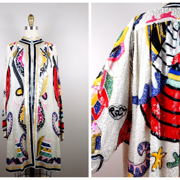 GLAMOROUS Sequined Overcoat / Retro Rainbow Sequin Long Jacket / Bright Embellished Open Kaftan / Haute Couture Embroidered Dress Coat