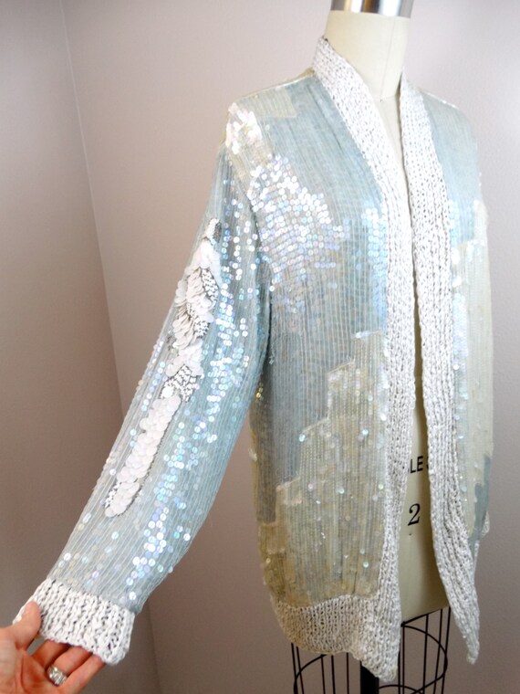 70s Iridescent Sequin Beaded Long Cardigan // Pas… - image 4