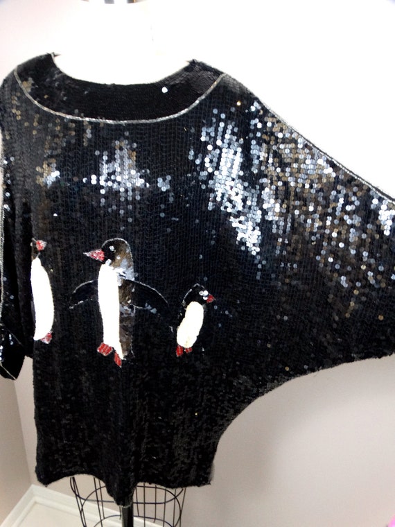 Happy Penguins Sequin Dolman Top // Novelty Vinta… - image 2