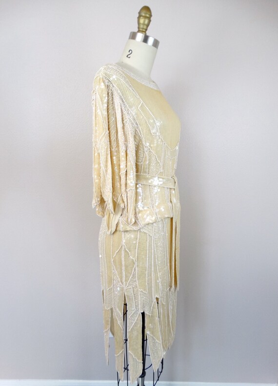 70s Hand Beaded Pearl Fringe Dress w/ Belt // Vin… - image 4