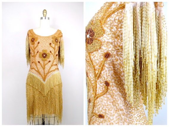 HEAVY Fringe Beaded Mini Dress // Glam Gold Haute… - image 10