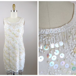 S/M Ivory Pearl Beaded Iridescent Sequin Dress / Short Wedding Dress / Paillette Embellished Dress
