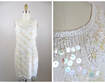 Ivory Pearl Beaded Sequin Dress / Short Wedding Dress / Iridescent Paillette Dress