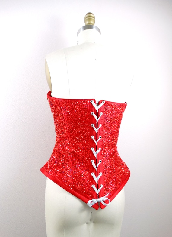 Rhinestone Jewel Beaded Corset Top // Red Glass Beaded Bustier // Vintage  All Bead Embellished Strapless Top 