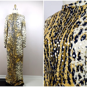 70s Couture Sequin Gown // 1970&#39;s Leopard Cheetah Tiger Gold Embellished Dress // Wild Animal Print Sequined Maxi Dress