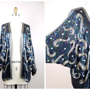 Jewel Beaded Sequin Evening Shrug // Black and Silver Gem Embellished Dolman Sleeve Open Formal Top