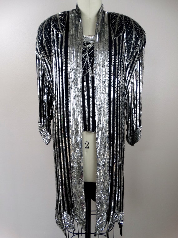 VTG Beaded Silk Sequined Kimono and Top / Black a… - image 4