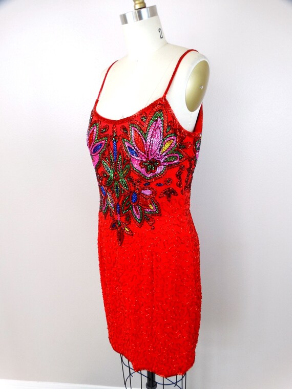 Red Silk Pink Beaded Dress // Bright Sequin Embel… - image 9