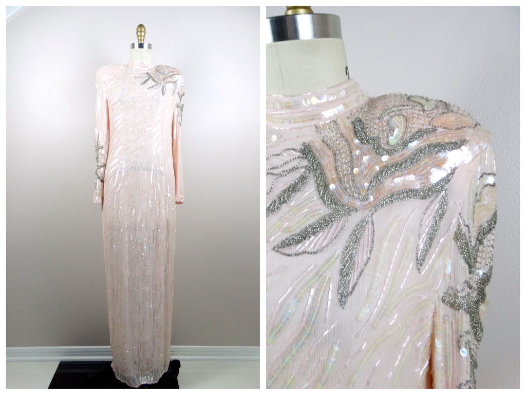 Blush Pink Silk Beaded Gown Hand Beaded Sequin Embellished Gown Pastel Pink Bead and Sequin Floor Length Dress Etsy Canada