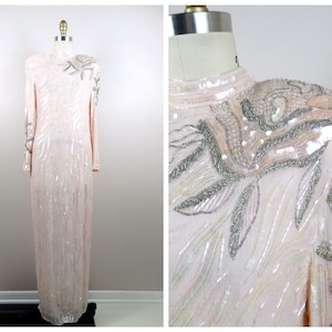 Blush Pink Silk Beaded Gown / Hand Beaded Sequin Embellished Gown / Pastel Pink Bead and Sequin Floor Length Dress