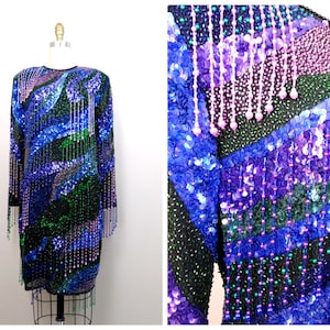 XS/S All Beaded Fringe Dress // Vintage Purple Blue and Green Sequin Tassel Beaded Dress // Fully Embellished Trophy Dress