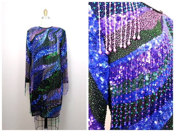 RARE All Beaded Fringe Dress // Vintage Purple Bl… - image 1